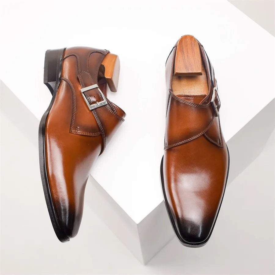 Top-down pair of brown leather buckle shoes with contrasting wooden inserts
