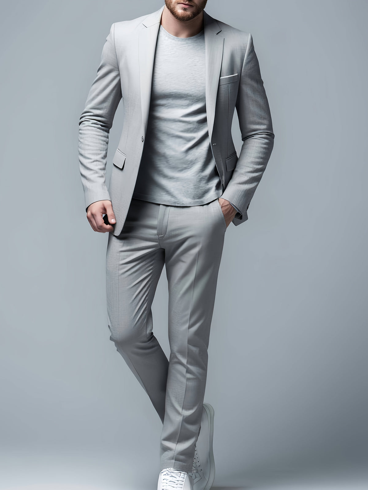 Man modelling a pale grey slim-fit two-piece suit with notch lapels