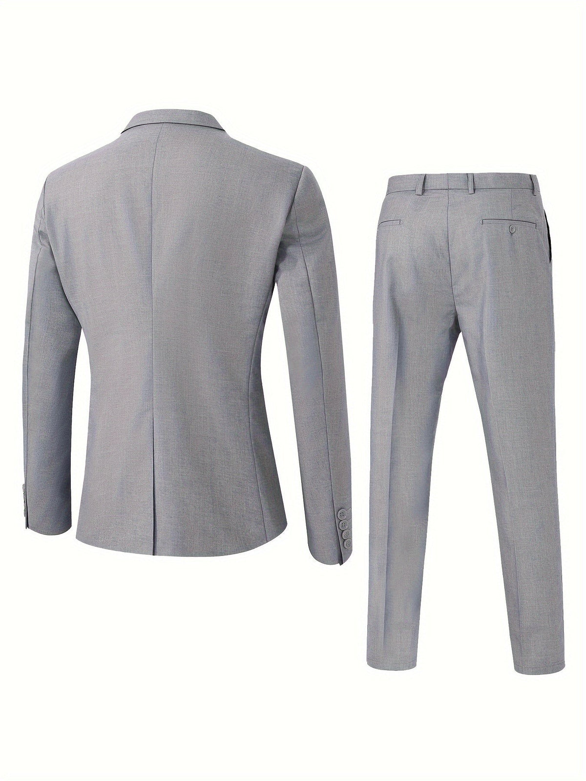Grey skinny suit jacket and trousers shown from the back, revealing tailored fit