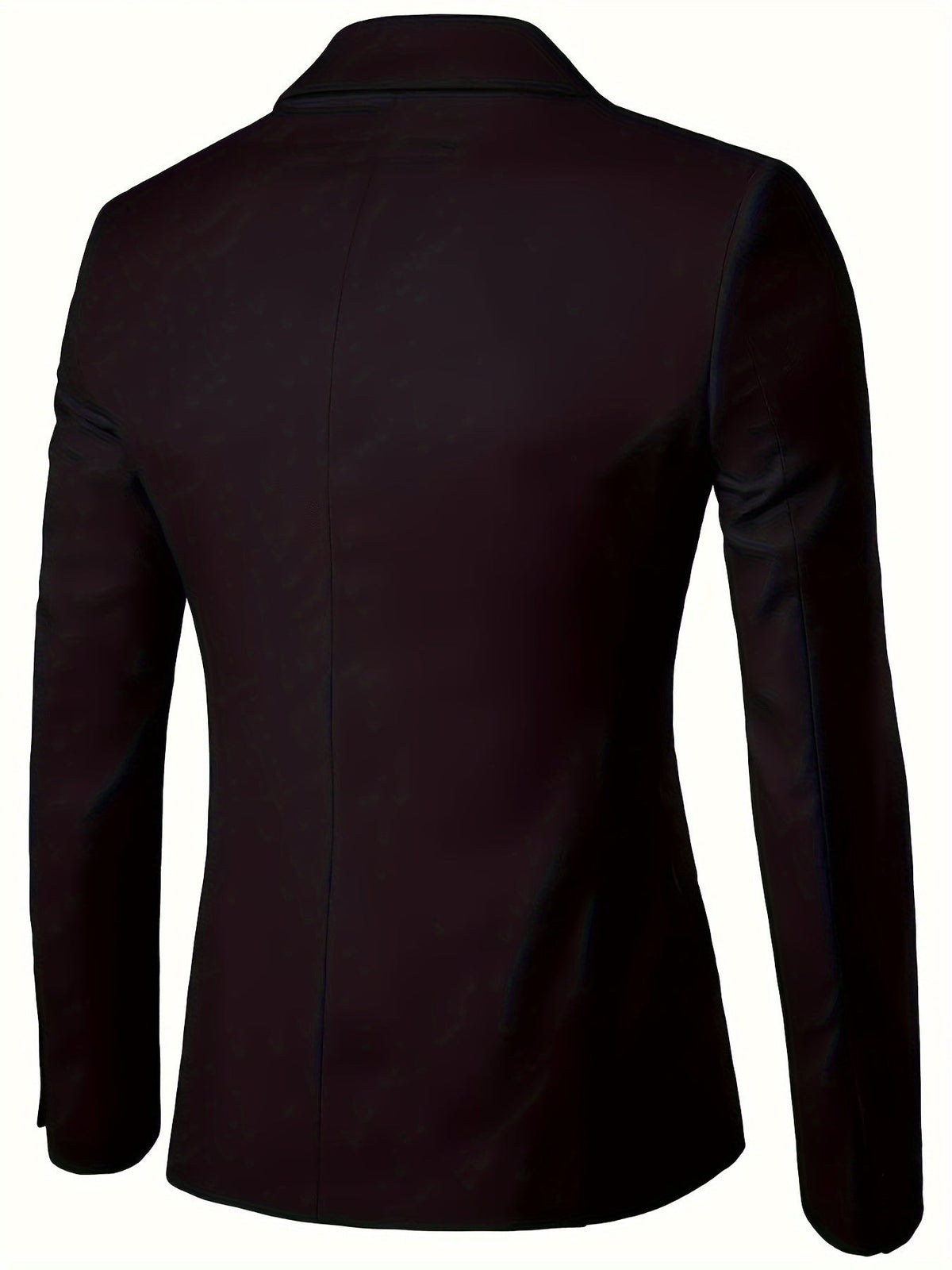 Rear view of a black slim-fit blazer highlighting notch lapel and seam detailing