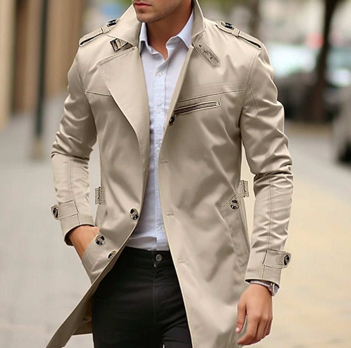 Men's stone beige belted trench coat with epaulette shoulder straps