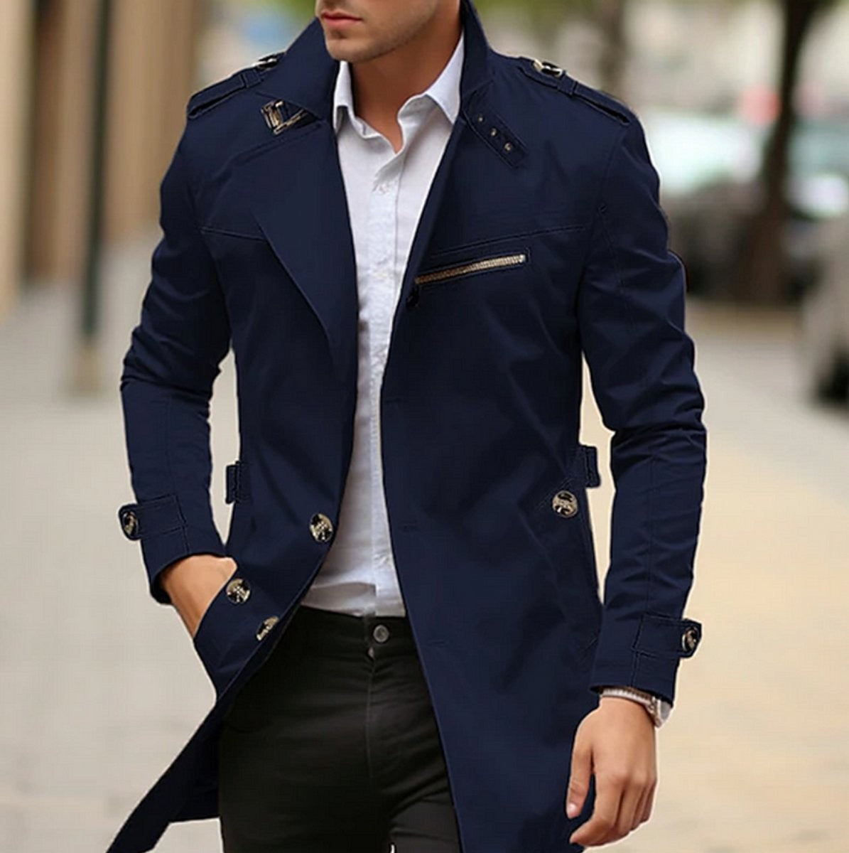 Navy belted trench coat with buttoned cuffs and epaulette straps