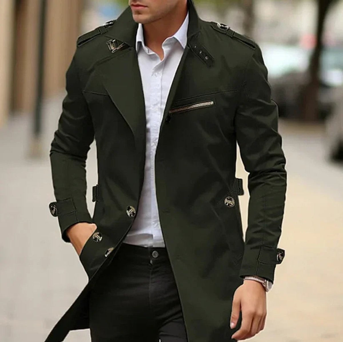 Olive green belted trench coat with military-style shoulder straps