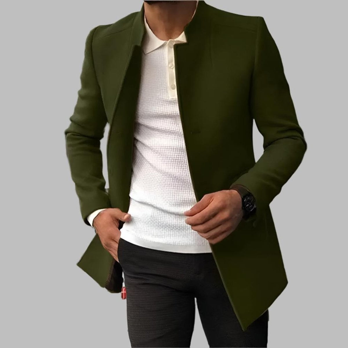 Olive green collarless wool-blend blazer coat worn with white polo shirt