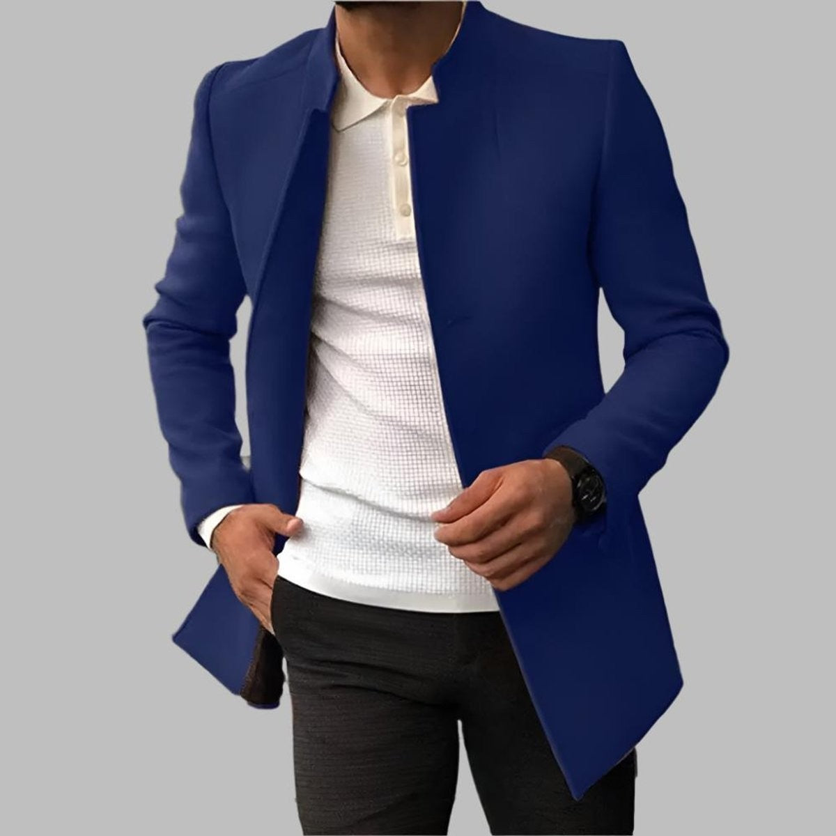 Navy blue slim-fit collarless blazer coat styled with white knitted polo