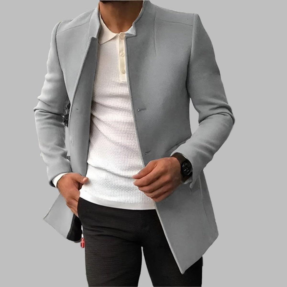 Light grey collarless wool-blend blazer coat paired with white polo top