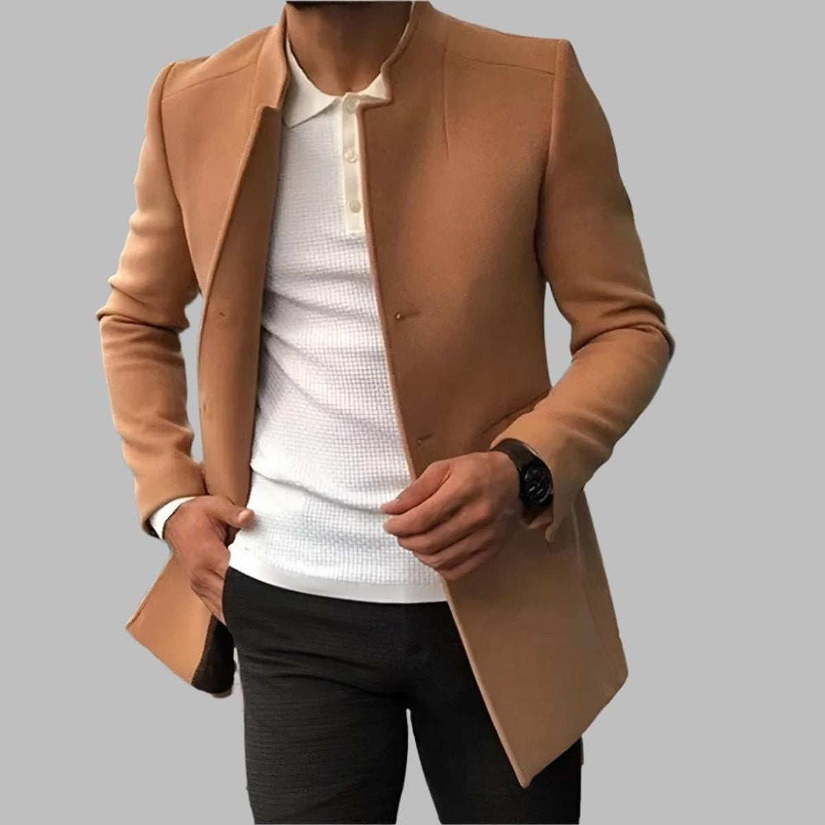 Camel collarless slim-fit blazer coat worn over a white knitted polo