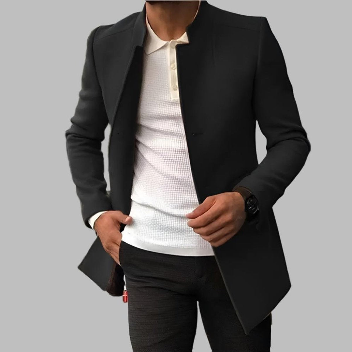 Black collarless wool-blend blazer coat styled with a white polo shirt