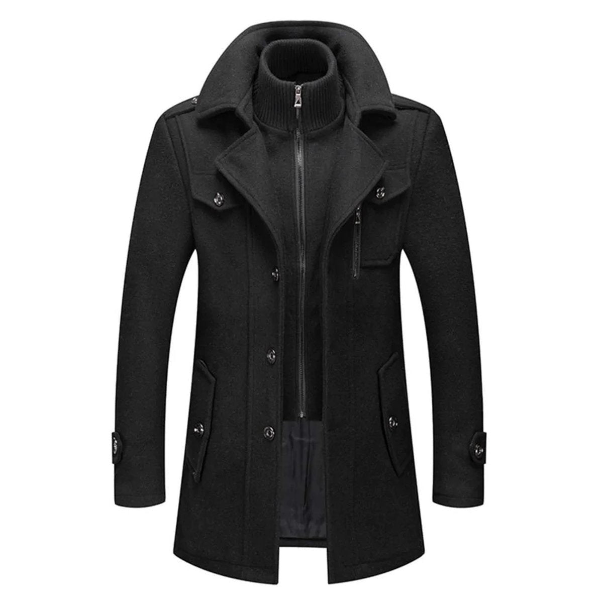 Black wool-blend overcoat with layered collar and zip-up knitted neck