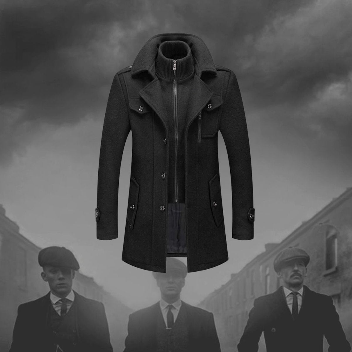 Black slim-fit overcoat styled against a moody Peaky Blinders-inspired backdrop