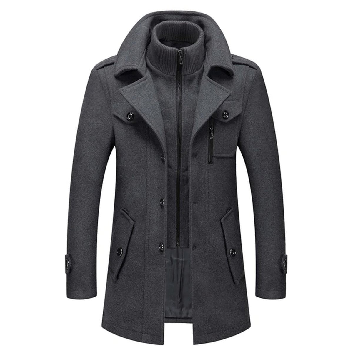 Charcoal grey wool overcoat with double collar and front zip fastening