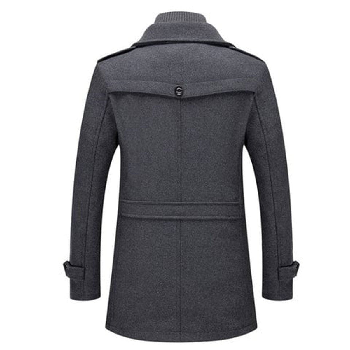 Rear view of charcoal grey overcoat showing tailored back vent and buttoned strap