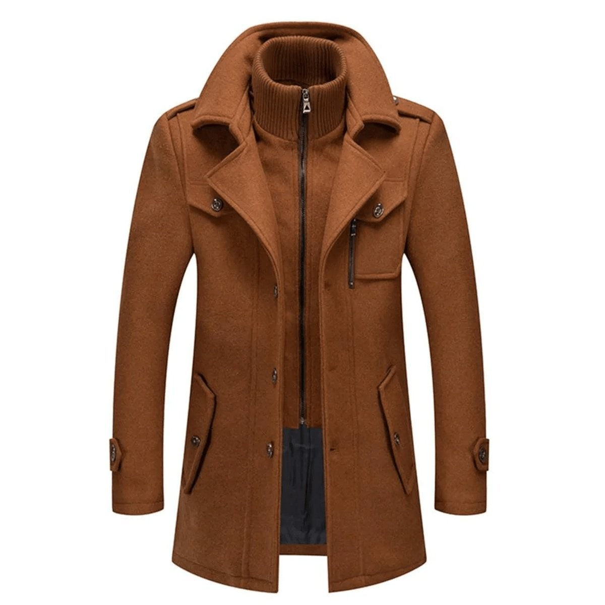 Tan brown wool overcoat with knitted funnel neck and zip-front closure