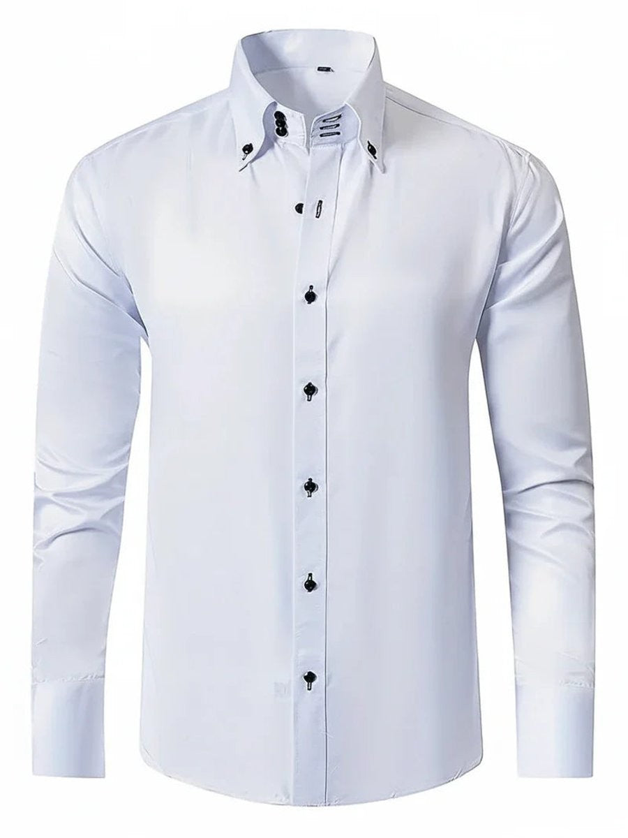 White long-sleeve shirt with double button-down collar and contrast stitching