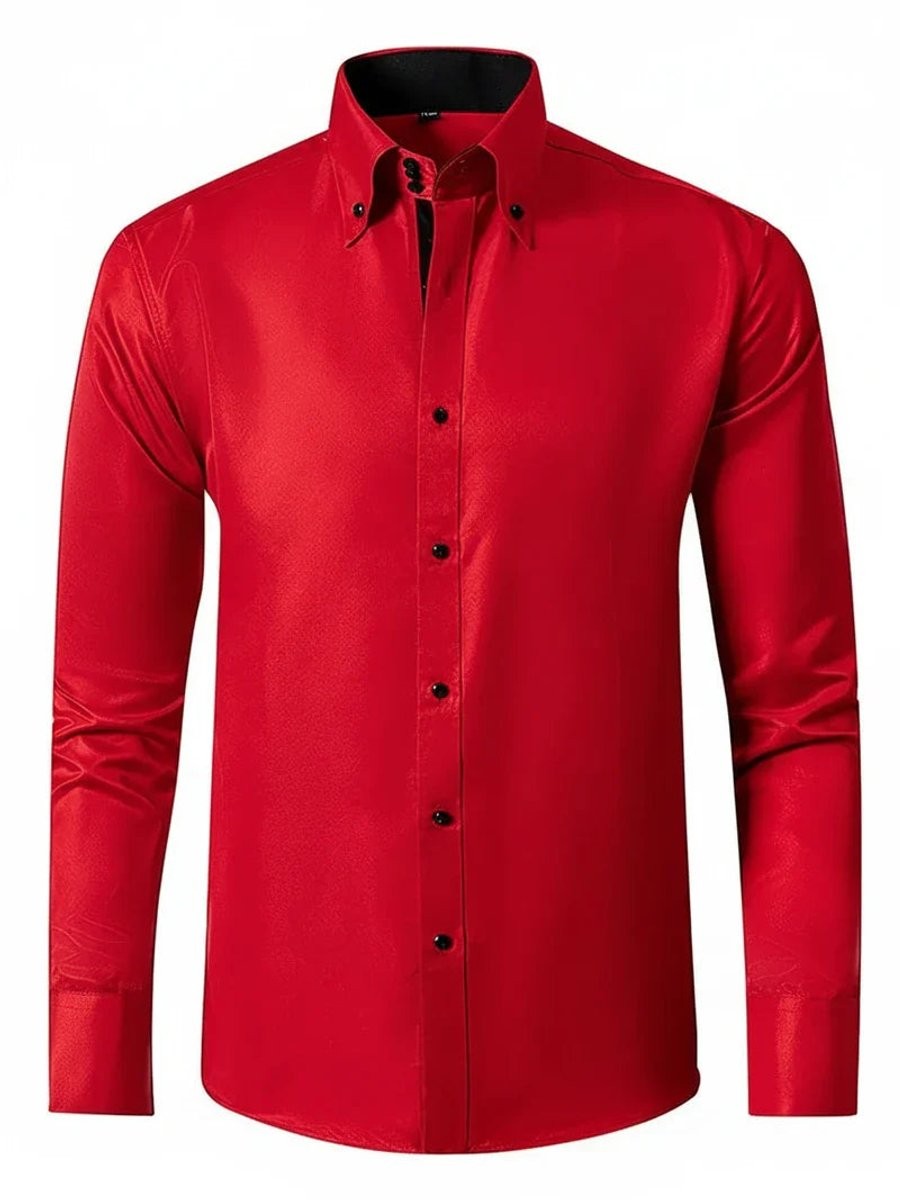 Red slim-fit shirt with button-down collar and black button detailing
