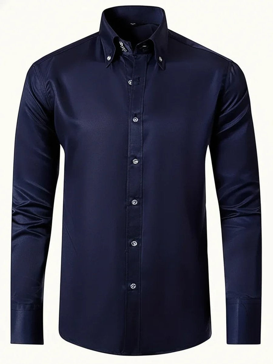 Navy long-sleeve shirt with button-down collar and slim tailored fit