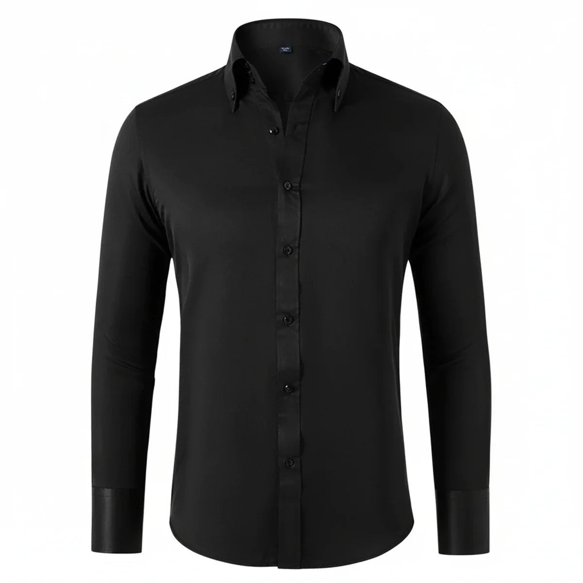 Black slim-fit long-sleeve shirt with button-down collar and satin cuffs