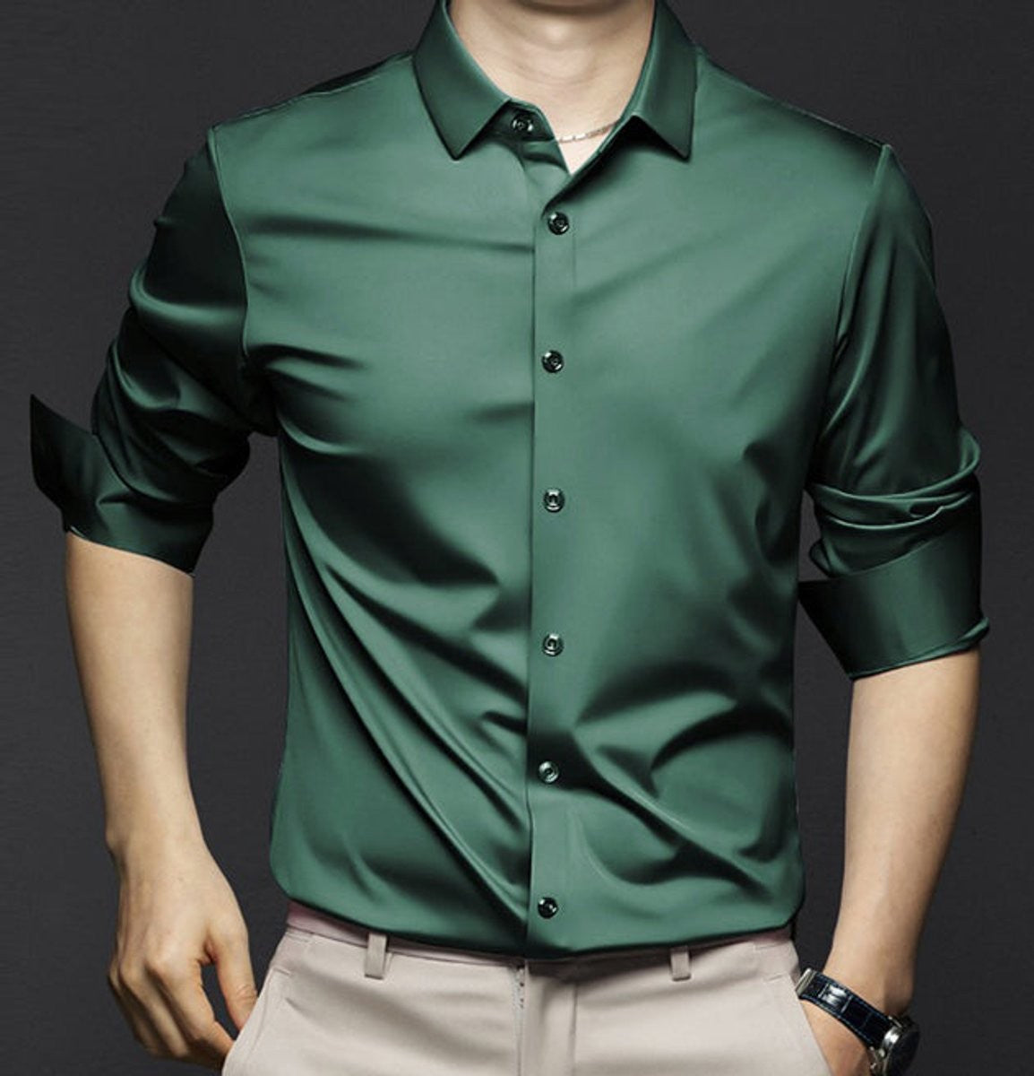 Emerald green satin slim-fit long-sleeve shirt with sheen finish and pointed collar