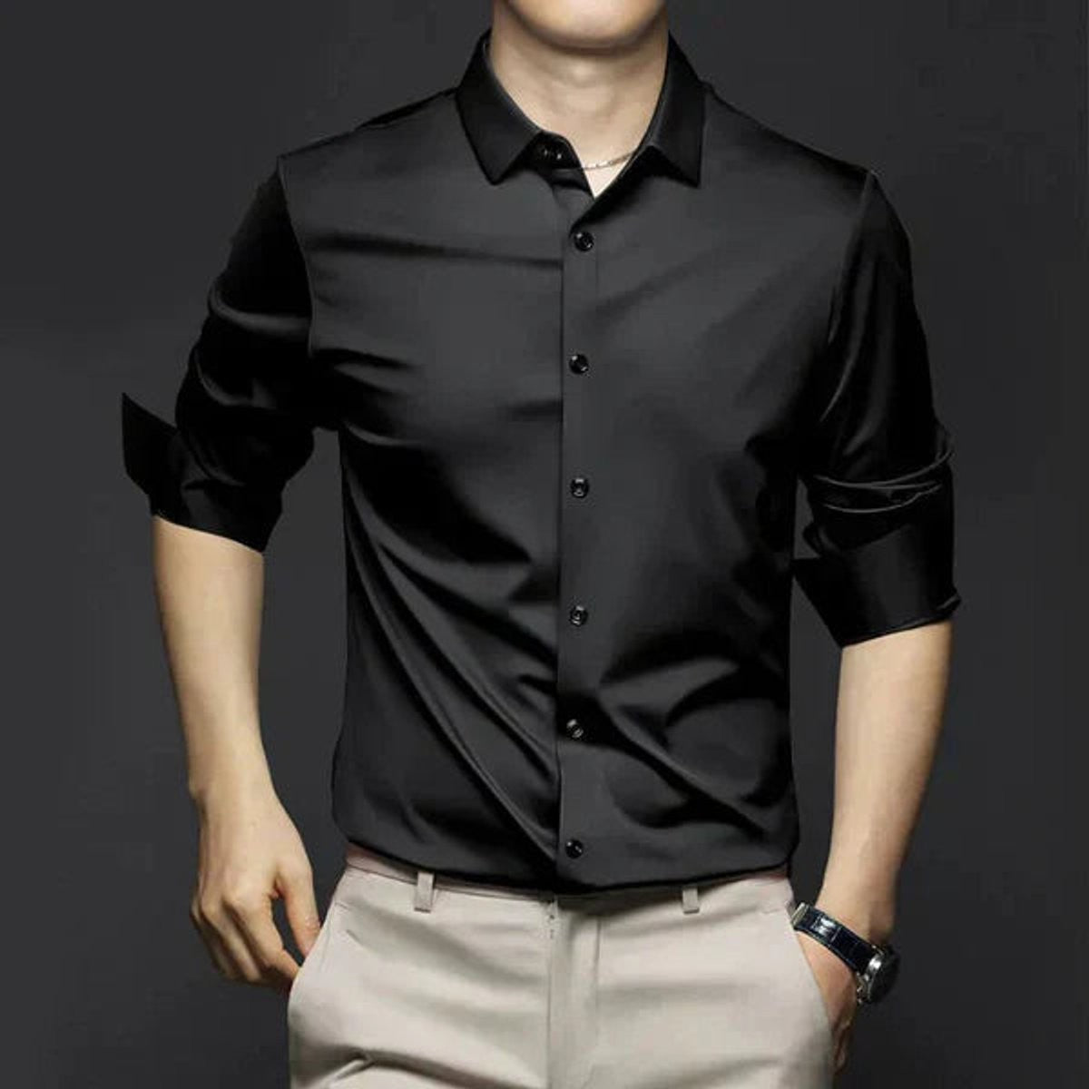Black satin slim-fit long-sleeve shirt with button-up front and classic collar