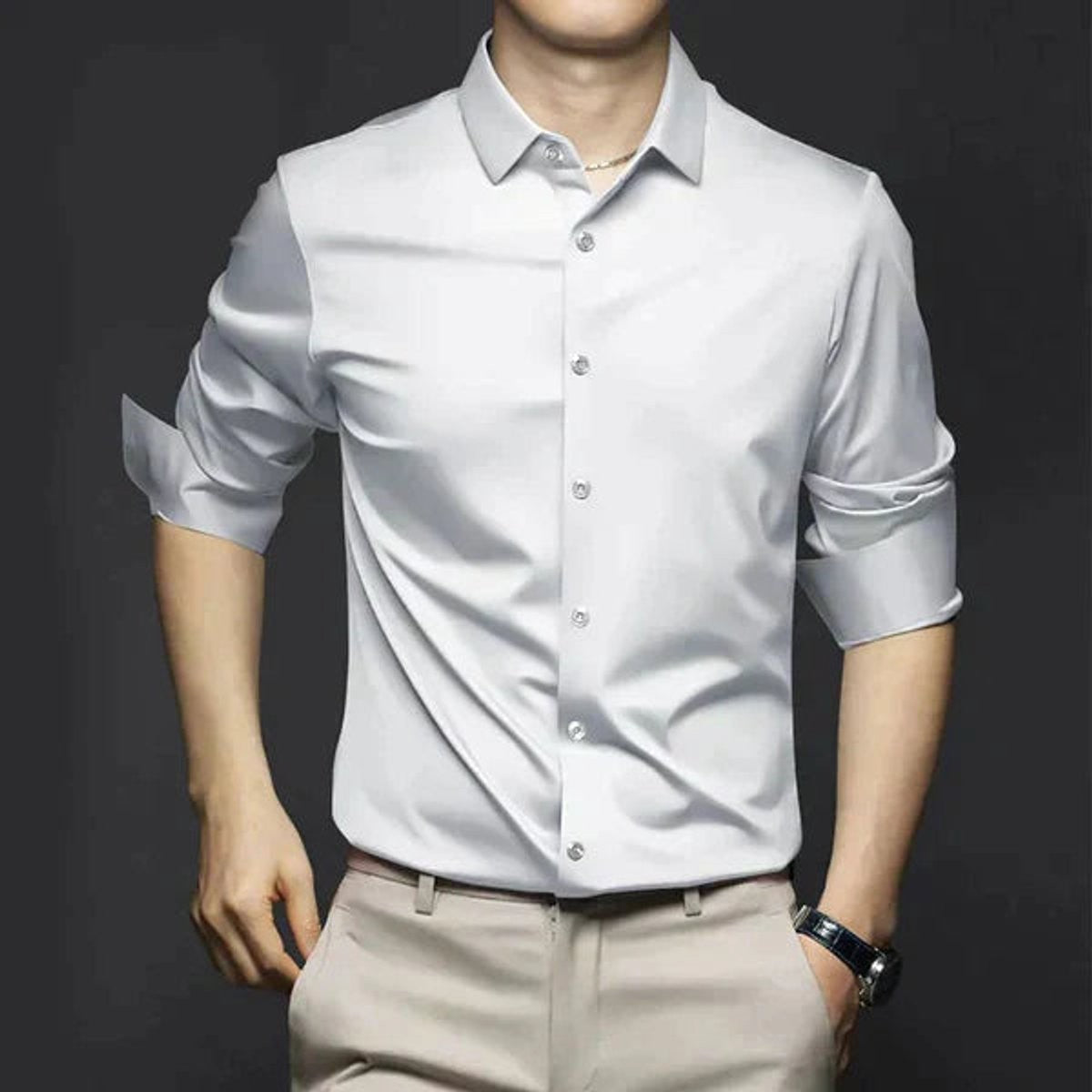 White satin slim-fit long-sleeve dress shirt with glossy sheen and pointed collar