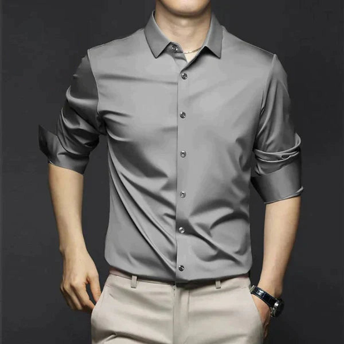 Charcoal grey satin slim-fit long-sleeve shirt with button-up front and sheen finish