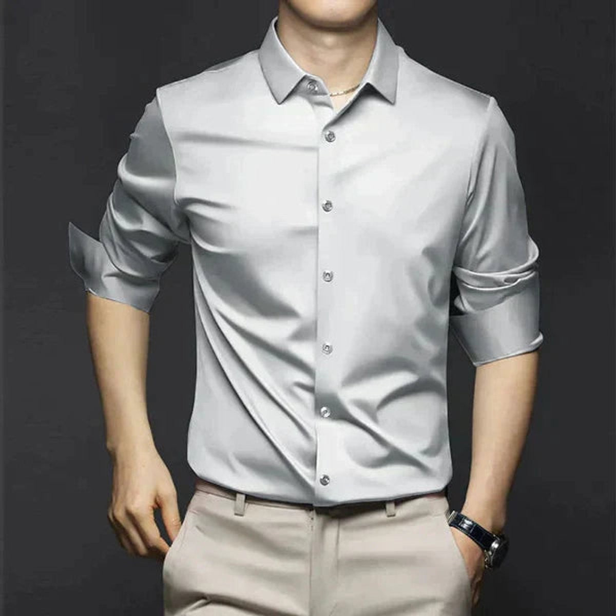 Silver-grey satin slim-fit long-sleeve dress shirt with smart button-up styling