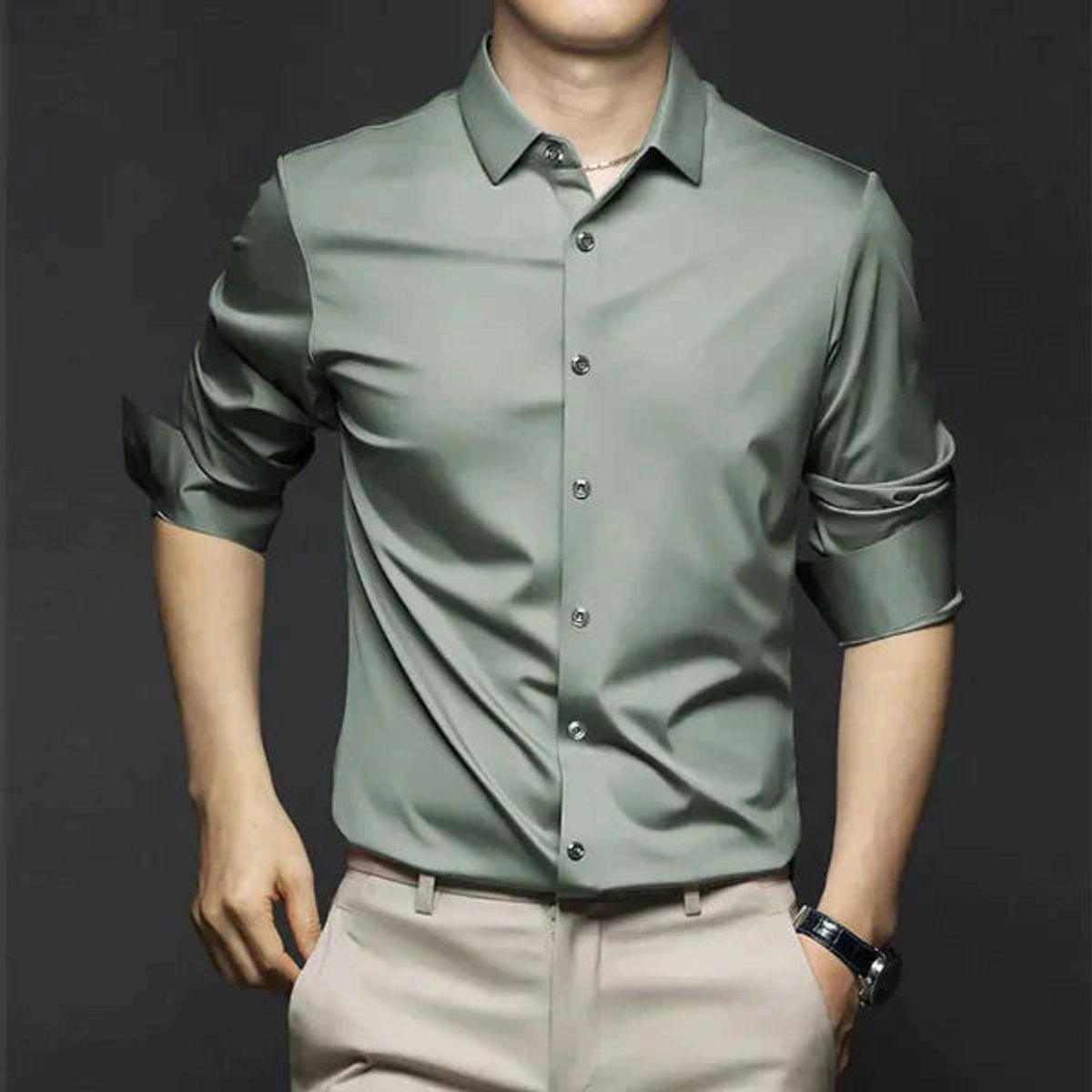 Sage green satin slim-fit long-sleeve shirt with glossy finish and pointed collar