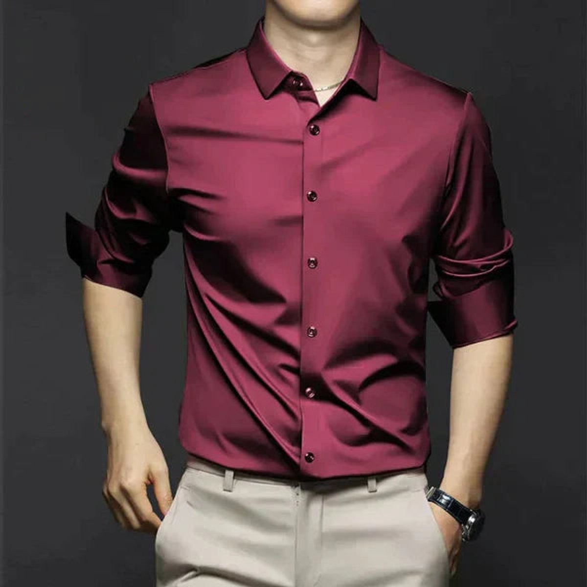 Burgundy satin slim-fit long-sleeve shirt with glossy sheen and button-up front