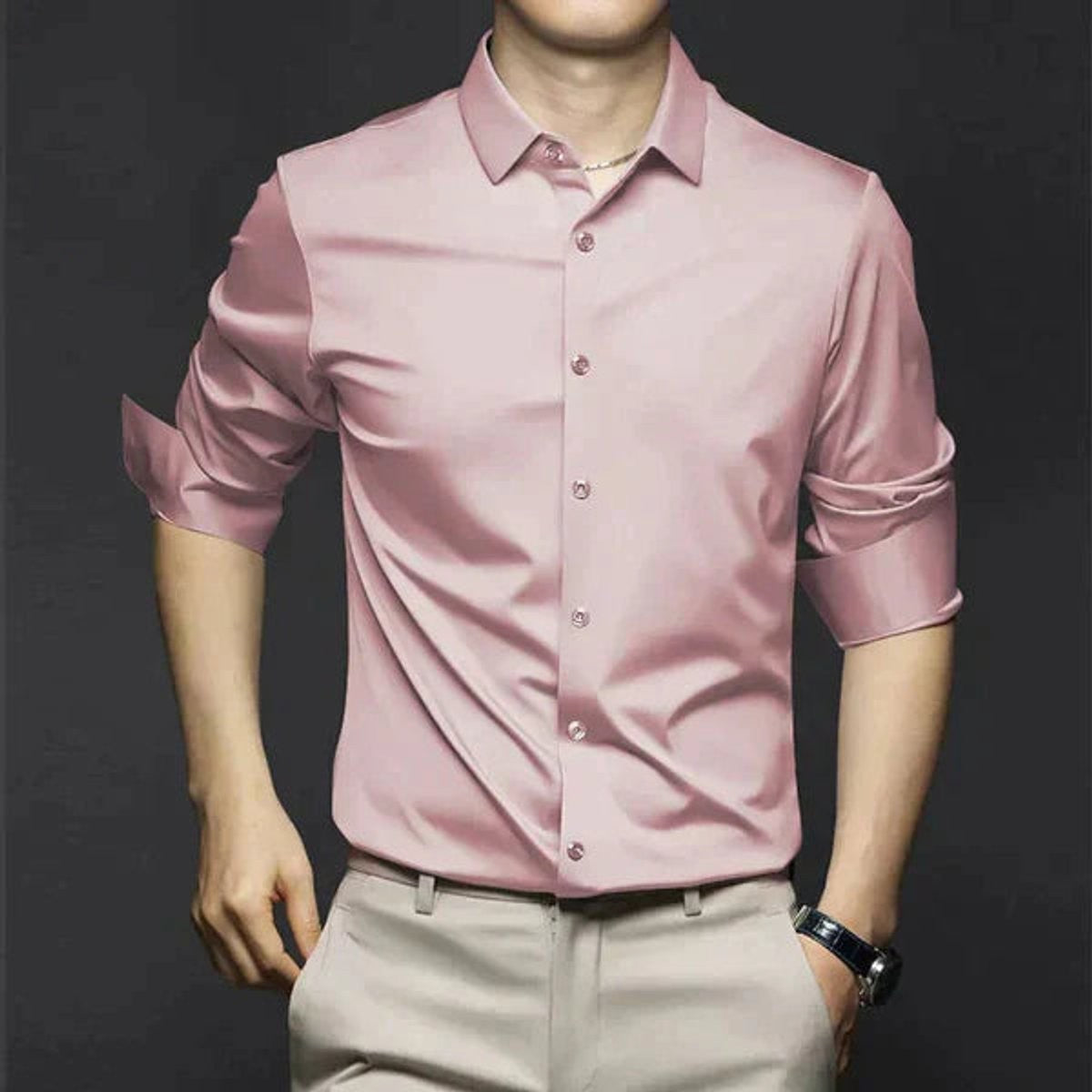 Blush pink satin slim-fit long-sleeve dress shirt with sheen finish and collar