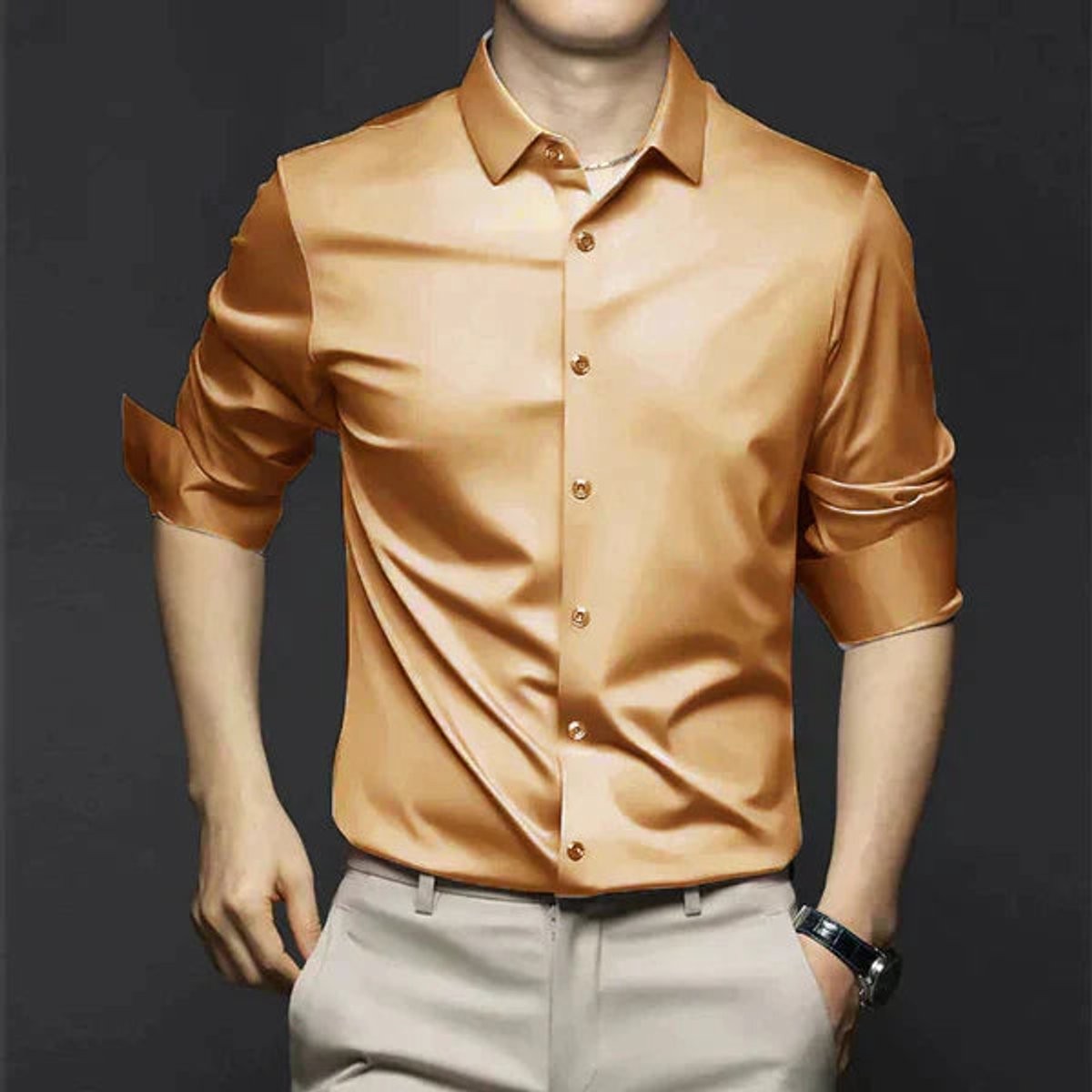 Amber gold satin slim-fit long-sleeve shirt with glossy sheen and button-up front