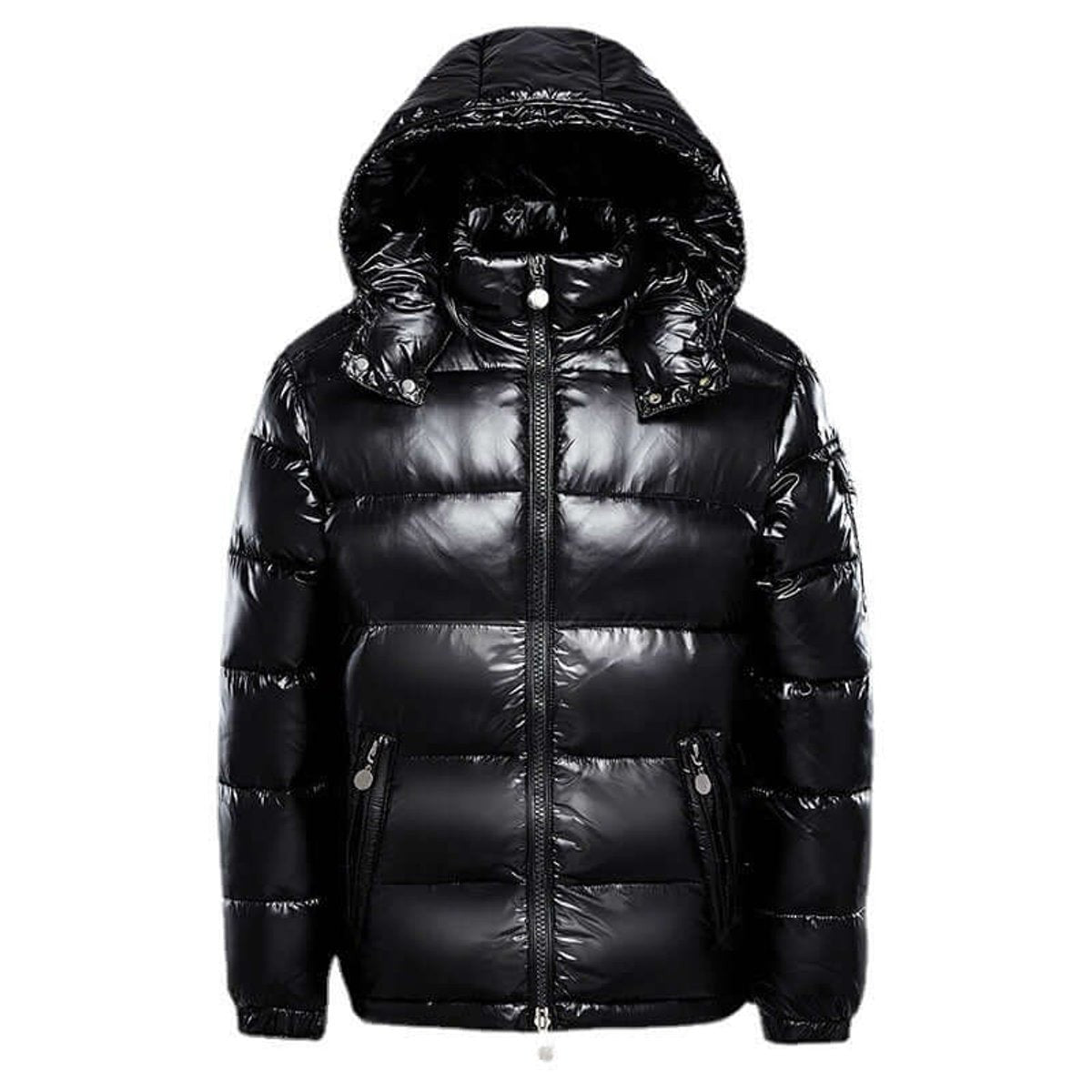 Black glossy hooded puffer jacket with quilted panels and zip pockets, front view