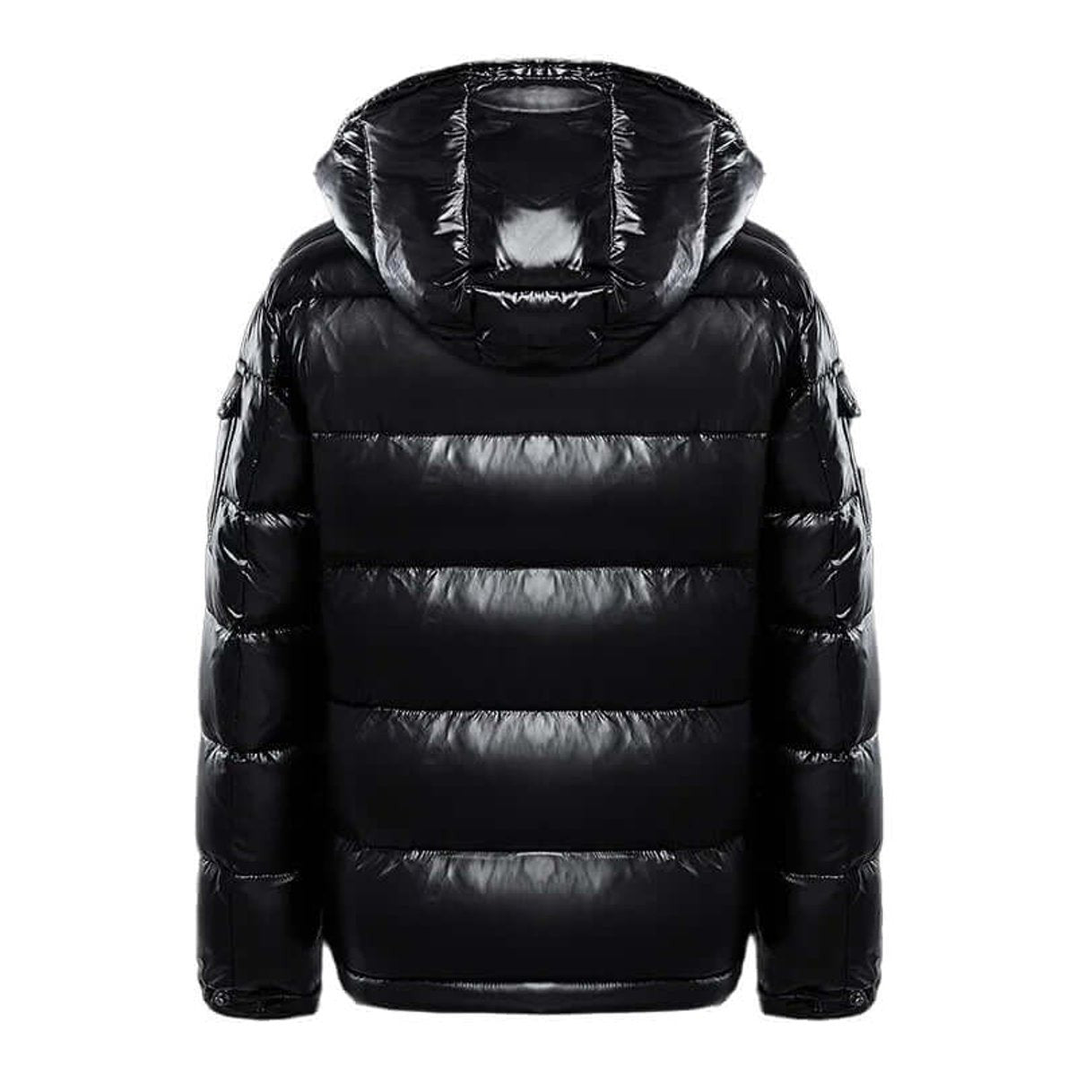 Black shiny puffer coat shown from behind, highlighting quilted stripe detailing