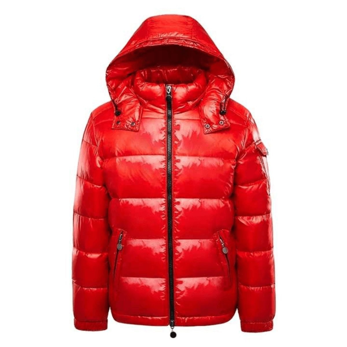 Red glossy hooded puffer jacket with zip fastening, slim fit style