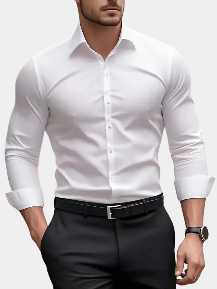 White long sleeve shirt with button cuffs styled with black trousers