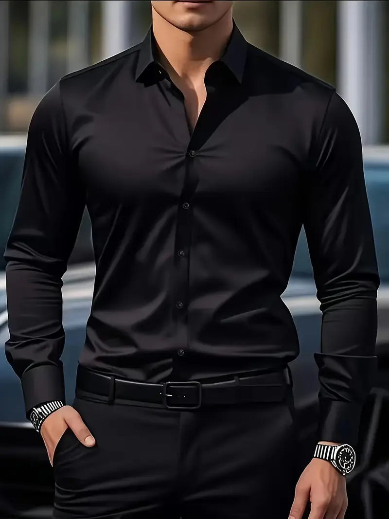 Black long sleeve shirt with tonal buttons and sharp collar