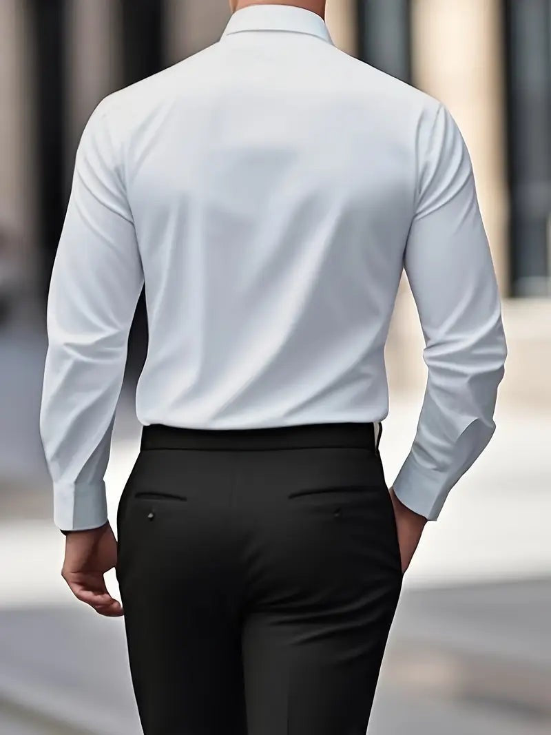 Rear view of white long sleeve shirt with tailored fit