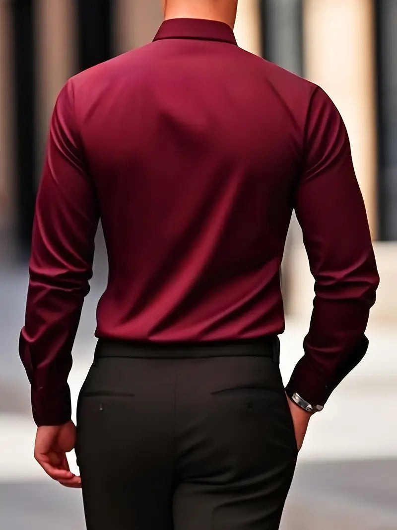 Back view of burgundy shirt highlighting fitted silhouette