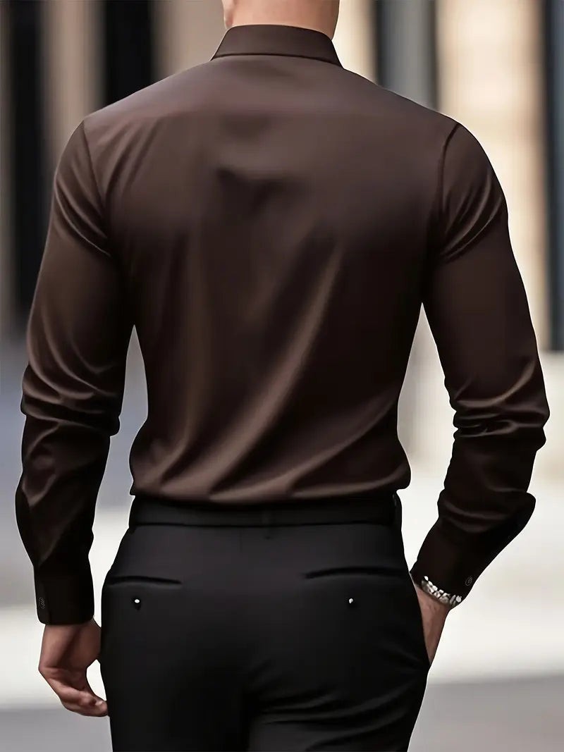 Rear view of brown long sleeve shirt with clean tailoring
