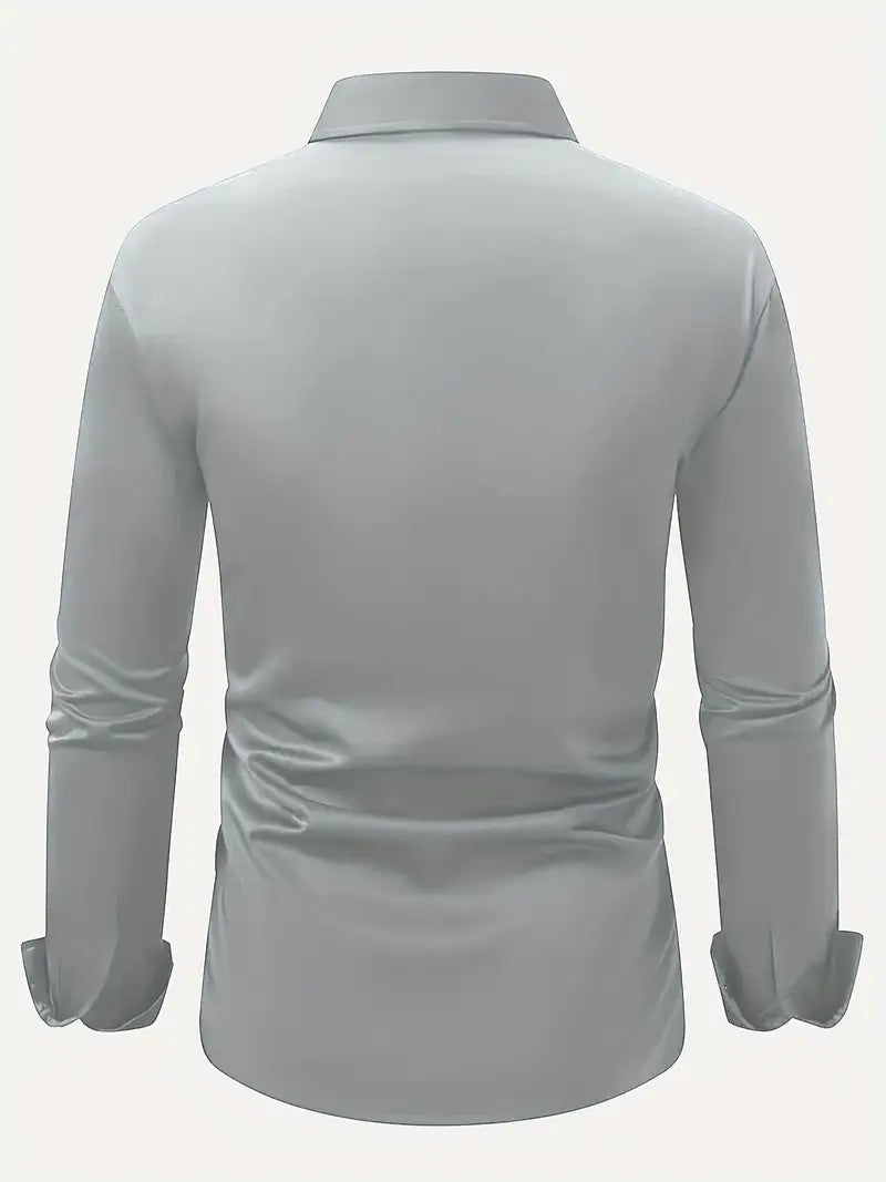 Grey long sleeve shirt displayed flat from the back