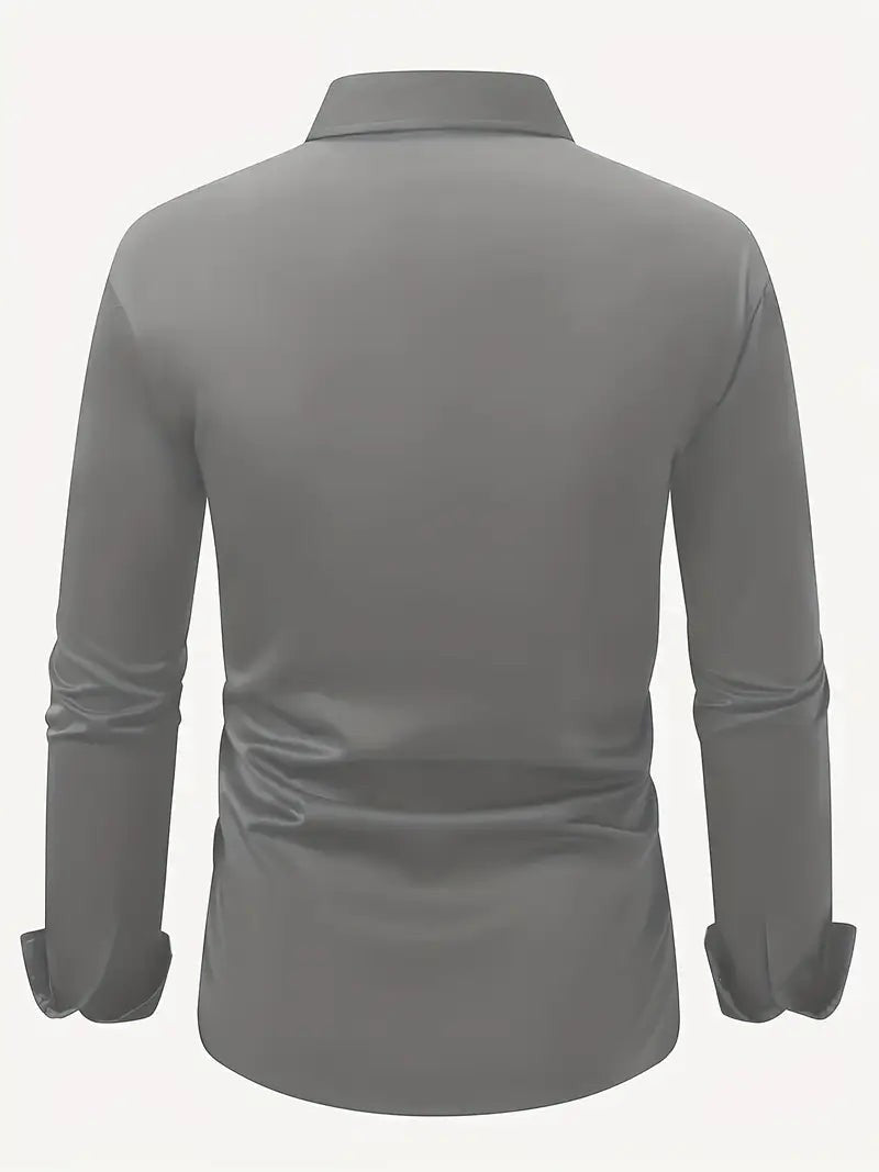 Dark grey shirt shown from behind on plain background