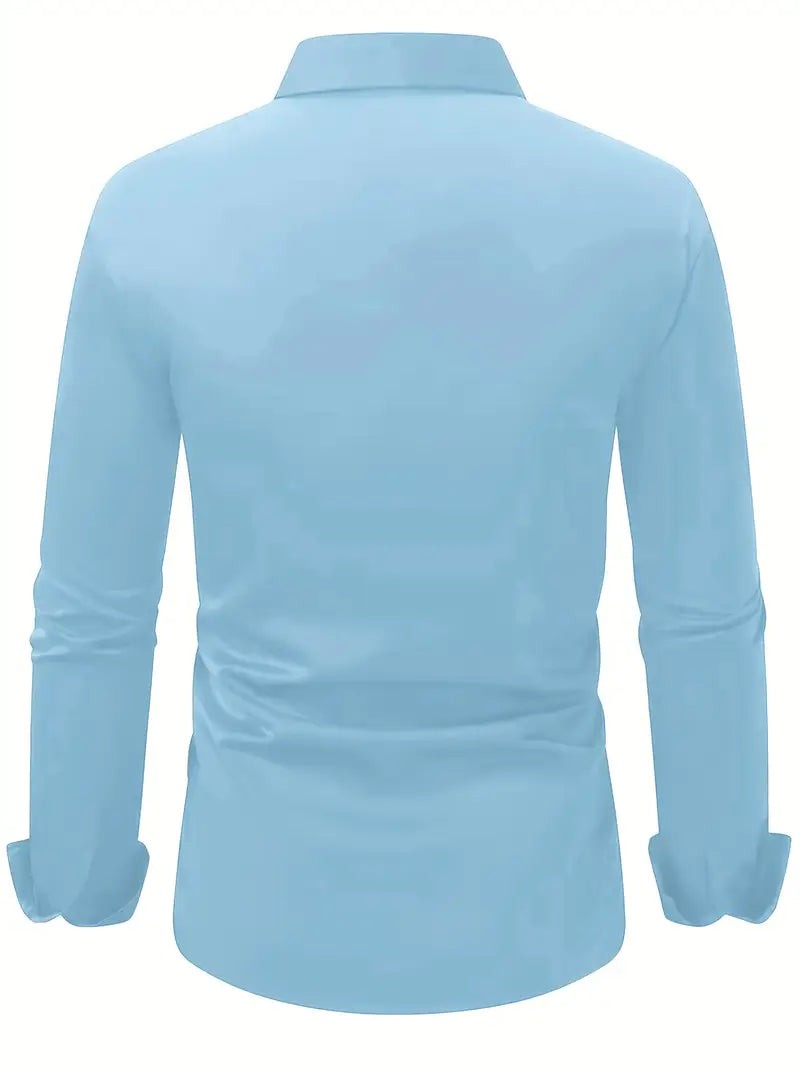 Sky blue long sleeve shirt displayed flat, rear view