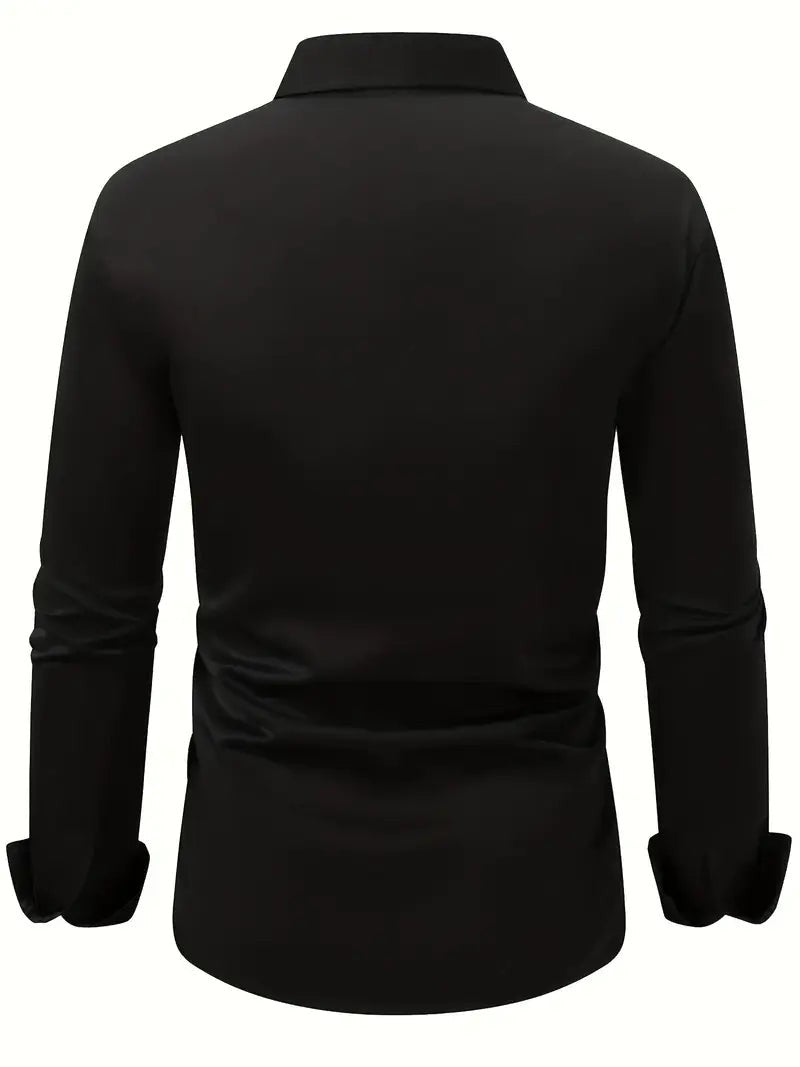 Black long sleeve shirt laid flat, rear view