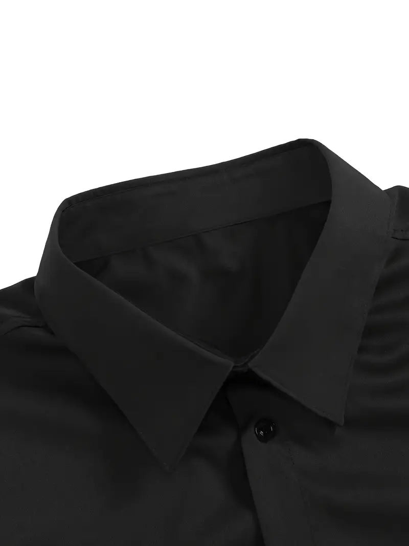 Close-up of black shirt collar with button placket detail