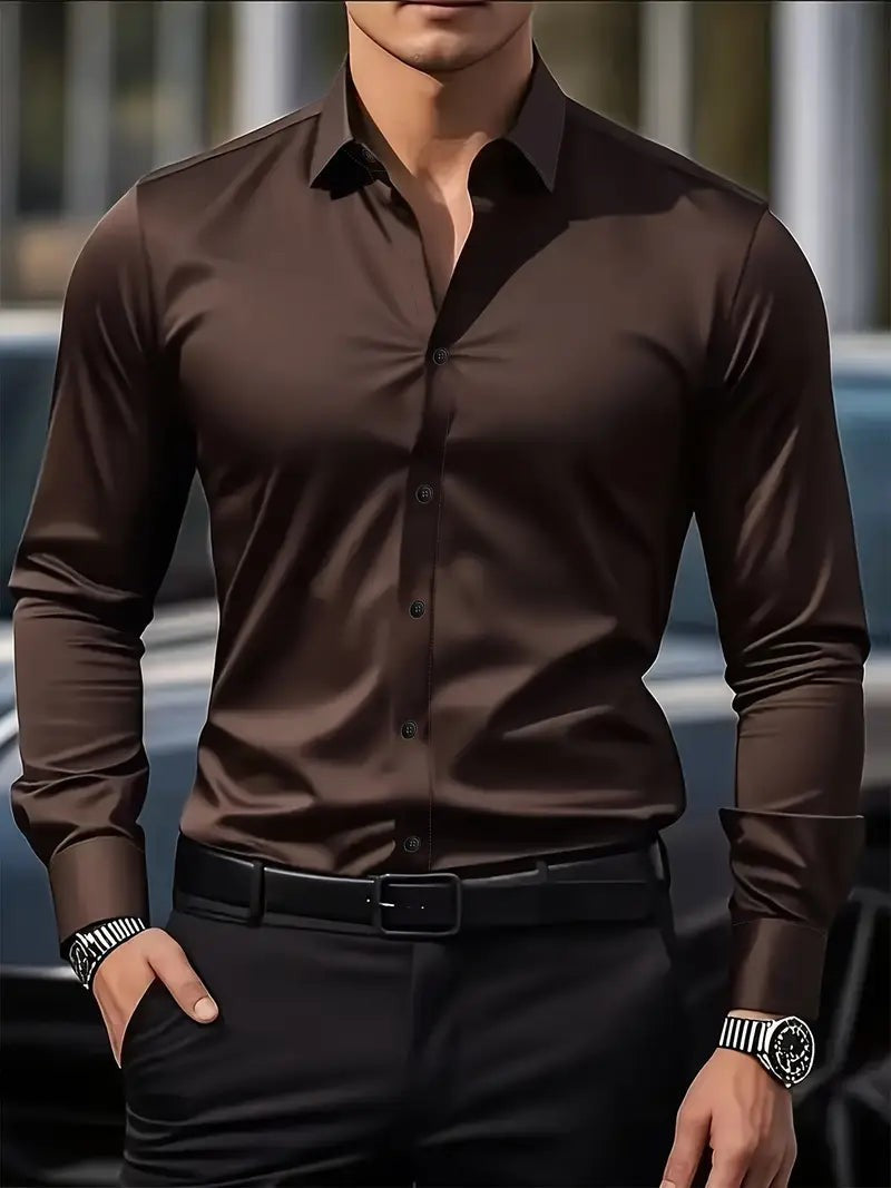 Dark brown satin-finish shirt with sleek button front