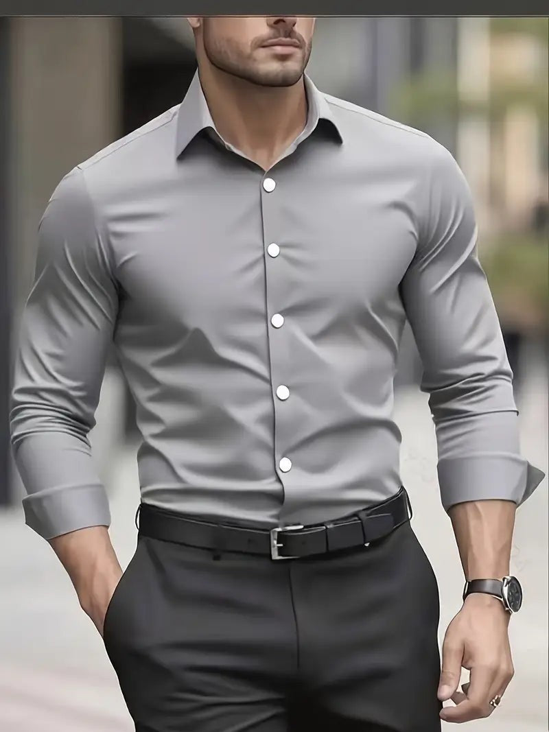 Grey long sleeve shirt with contrast white buttons
