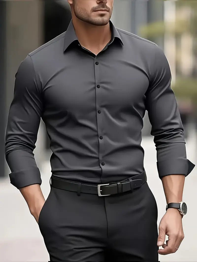 Charcoal grey shirt with black buttons and spread collar