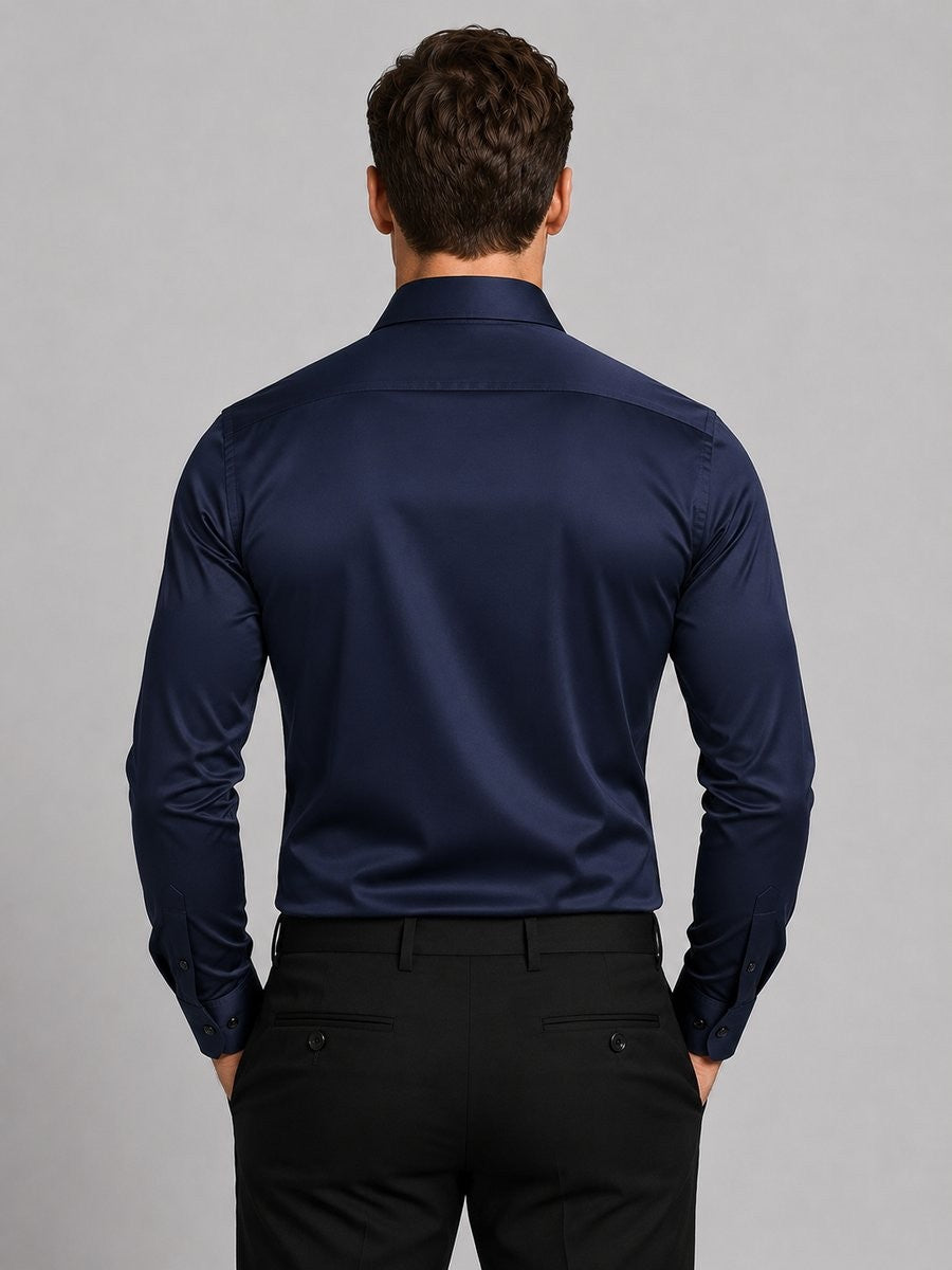 Rear view of navy slim fit stretch shirt showing smooth fabric finish