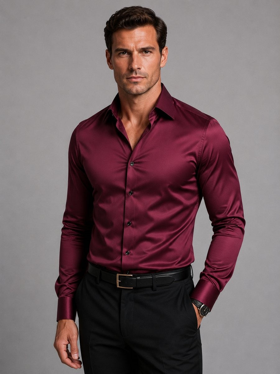 Burgundy satin-feel slim fit shirt with black buttons and trousers