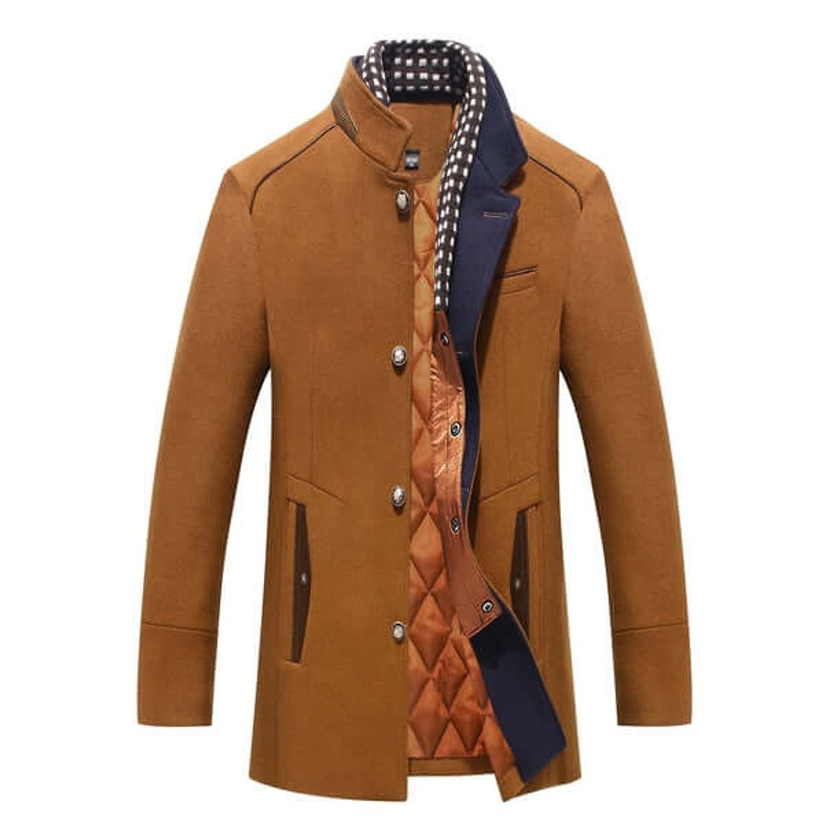 Camel wool-feel overcoat with stand collar and checked contrast trim