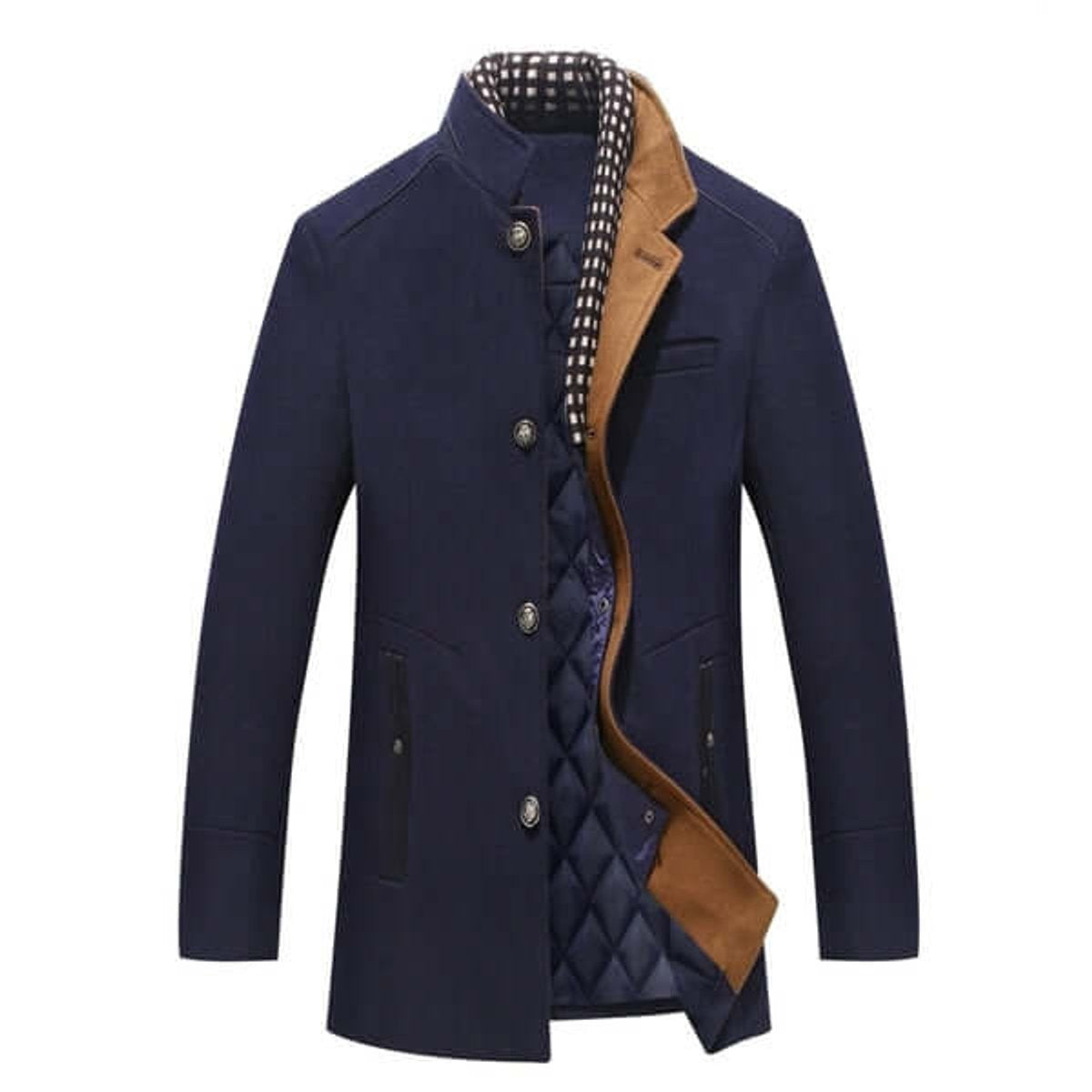 Navy slim-fit overcoat with quilted lining and checked collar detail